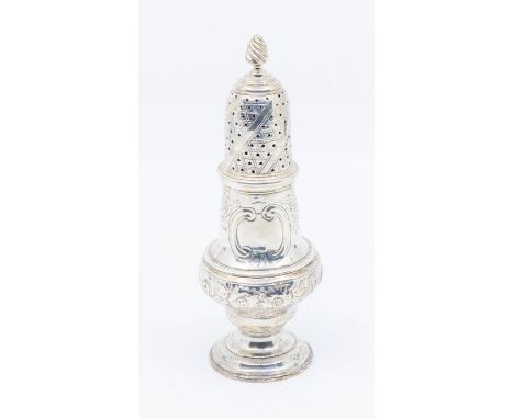 A George III silver baluster shaped caster, engraved and chased floral decoration to body, the detachable cover with geometri