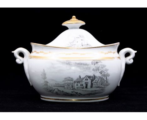 An early 19th Century Miles Mason Bat printed porcelain sugar basin and cover, circa 1800, the twin handled body transfer pri