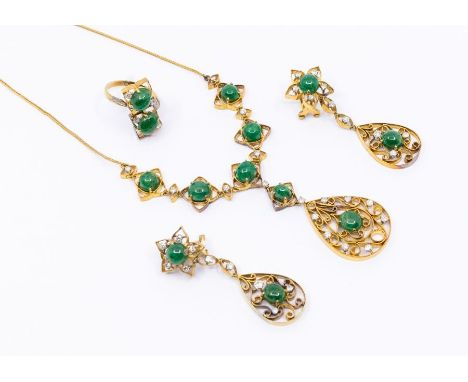 An Indian emerald and diamond-set yellow gold parure, the necklace set with five oval cabachon emeralds, divided by six round