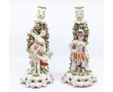 A pair of Derby porcelain figural candlesticks modelled as Venus and Mars, circa 1770, Mars wears armour with shield to his r