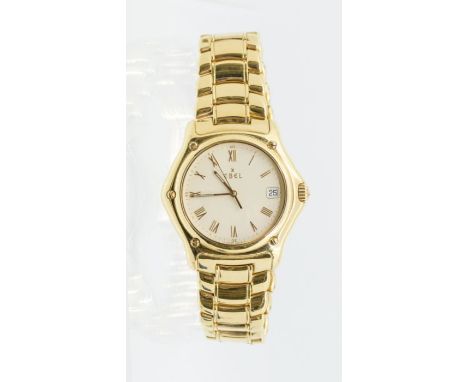 A gents 18ct god Ebel wristwatch, comprising a cream dial with applied gold tone numeral markers, dial approx 27mm, the case 