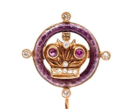 A Russian 14ct gold, diamond, ruby and enamel stick pin, style of Fabergé, central Imperial Crown motif set with cabachon rub