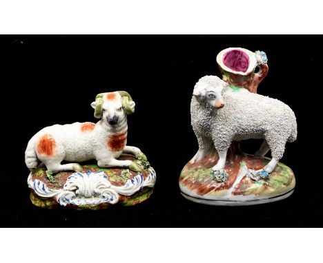 A 19th Century Staffordshire spill vase in the manner of Thomas Parr modelled in the form of a textured sheep by tree trunk o