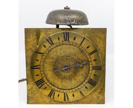 An 18th century Hook and Spike wall clock with alarm, square brass dial, Steel pillared birdcage movement striking on a bell.