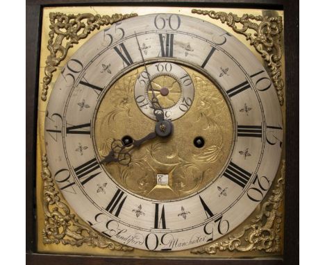 A George III oak 8 day longcase clock, by James Sandiford Manchester. Oak case with brass capped turned columns to the hood a