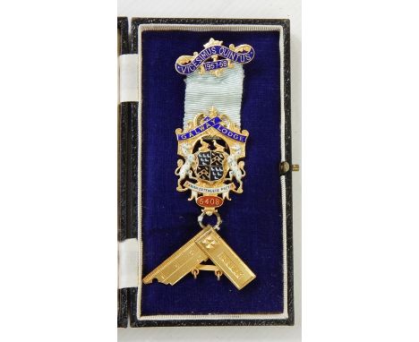 Galway Lodge silver gilt and enamel medal with protractor pendant, the clasp embossed 'Vicesimus Quintus 1957-58', in case an