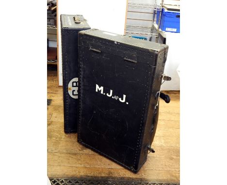 Military trunk, metal-bound, belonging to Major M J James AP John, RADC, No.450079, opening to reveal two RADC Officer's khak
