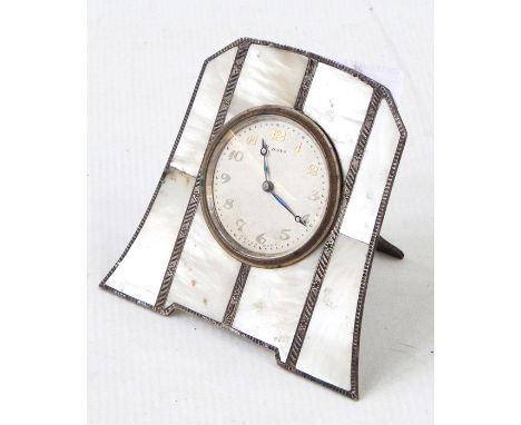 Early 20th century white metal and mother-of-pearl clock with Arabic numerals to the dial, Swiss-made eight-day movement (dam
