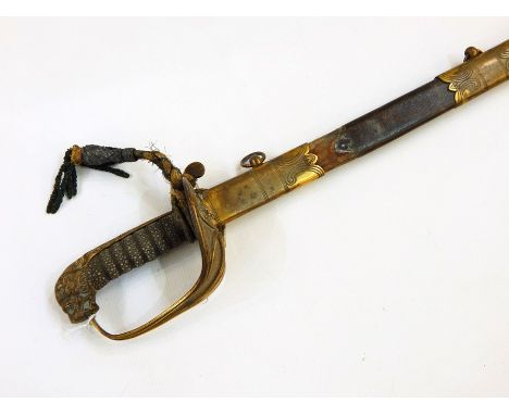 Victorian naval officers sword with brass hilt shagreen grip, inch blade and leather scabbard 