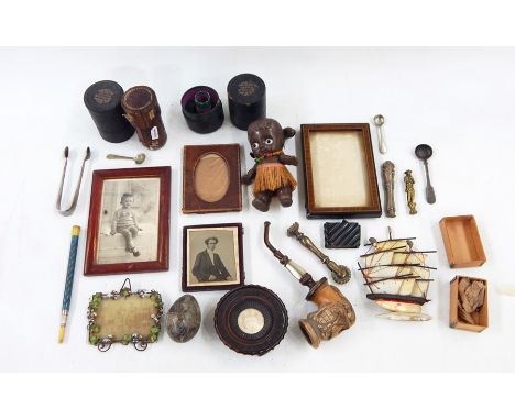 Tray of miscellaneous collectables to include treen and mother-of-pearl pipe bowl with goat carving, leather-covered magnifie