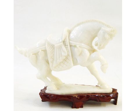 20th century Chinese carved jade model of a horse on stand, with presentation box 