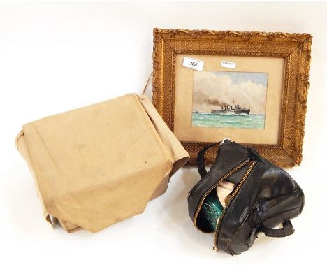 Two WWII gas marks, .30 calibre ammunition tin, and W Fred Mitchell watercolour "Kestrel" (study of a ship) signed lower righ