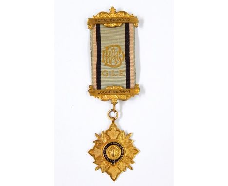 9ct gold and enamel RAOB medal for Lodge No.3647, presented by the members of the Royal Baghdad Lodge, with ribbon and clasps