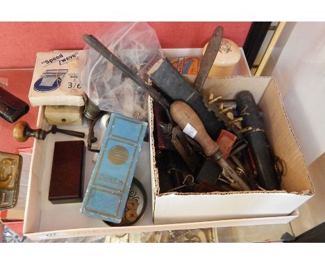 Assorted collectables to include wax letter sealing set, miniature mantel clock shaped tape measure, set of opera glasses, bu