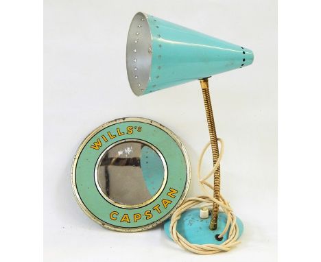 Will's Capstan circular advertising mirror, an early 20th century table light, a Burnham hair clipper and a mining lamp (4) 