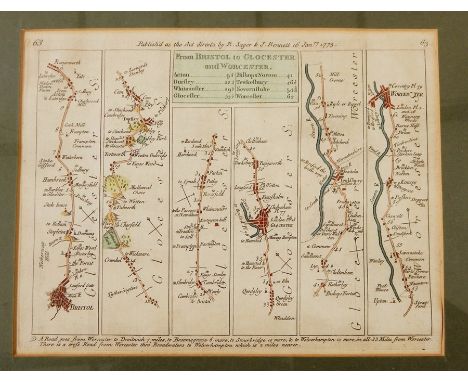Various strip maps including London to Loughborough from Bowles' Post Chaise Companion, from Bristol to Worcester by Thomas G