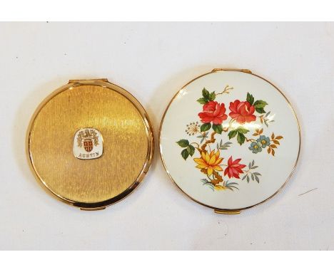 Stratton powder compact, as new, boxed with Austin Car applied detailing and another, floral enamel decorated (2) 