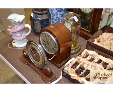An anniversary clock under dome; a Metamec electric mantel clock; and a mahogany cased mantel clock 