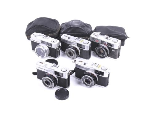 Five 35mm cameras. To include three Olympus Trip 35 viewfinder cameras, two with pouches and one with instruction manual, a R