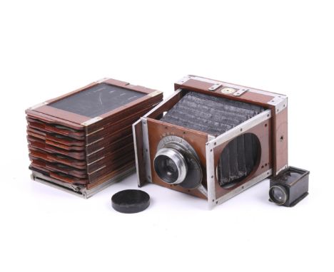 A J F Shew & Co London antique plate camera. With a Ross London 5 inch lens, view finder, focusing screen, six plate holders 