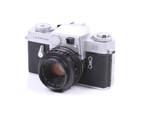 A Leitz Wetzlar Leicaflex 35mm SLR camera. Chrome. Serial No. 1081966. With a Leitz 50mm f2 Summicron R lens, cap, R1 hood, L