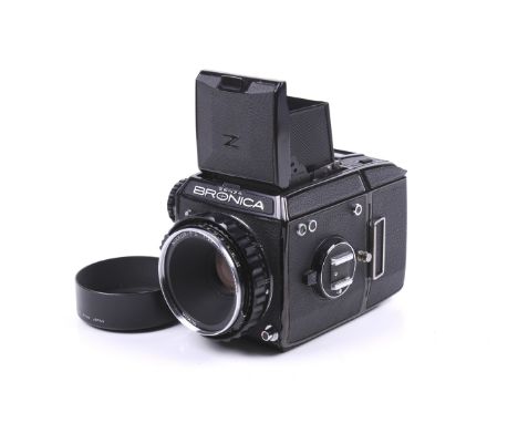 A Zenza Bronica EC 6x6 medium format SLR camera. Black, serial number CB322918. With a Nikon 75mm f2.8 Nikkor-P.C lens, lens 