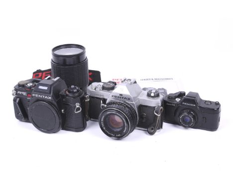 Three Pentax SLR film cameras. To include an Asahi Pentax Auto 110 with a 24mm f2.8 lens, shutter not working, an Asahi Penta