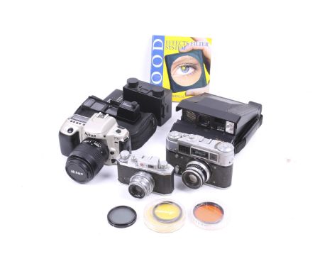 A collection of film cameras. To include a FED 4 with a 53mm f2.8 lens. Shutter working, rangefinder working but with faint p