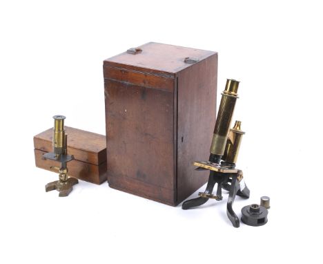 Two late 19th century mahogany cased microscopes. Including a lacquered brass monocular microscope having lacquered brass pla