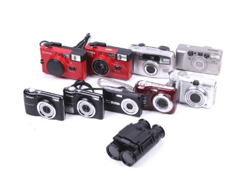 Nine 35mm and digital compact cameras. To include a Konica Pop Auto Date, A Pentax Espio 738s, a Minolta 115 Riva Zoom, two N