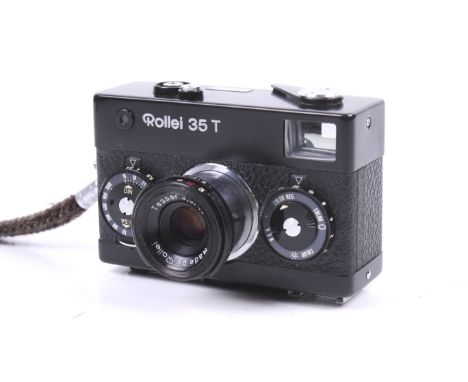 A Rollei 35 T Singapore 35mm Viewfinder camera. Black. Serial Number 6350133. With a collapsible Rollei 40mm f3.5 Tessar lens