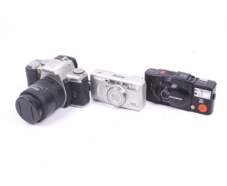 Three 35mm film cameras. To include a Pentax MZ-5, an Olympus XA2 with A11 flash and a Minolta 150 Riva Zoom with case.