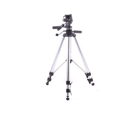 A heavy duty Manfrotto tripod. With an Art #029 head. Missing top plate. Max height 158cm.