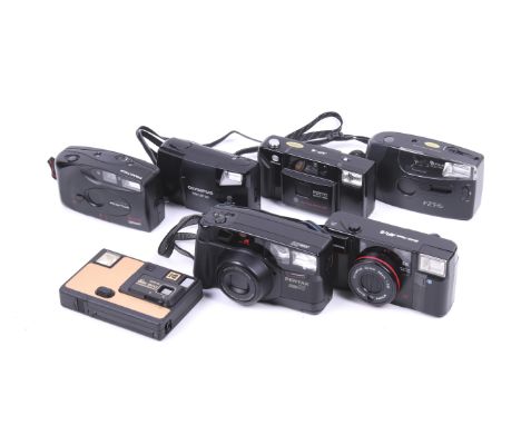 Seven compact point and shoot cameras. To include an Olympus Trip AF 30, an Olympus Quick Flash AFL-S, a Minolta AF-E, a Pent