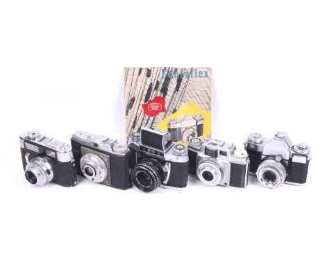 Five assorted SLR and viewfinder cameras. To include a Ihagee Exa I with waist level finder, Meyer-Optik Gorlitz 50mm f2.8 Do