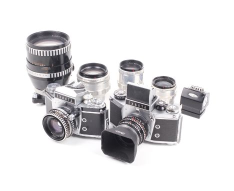 A comprehensive Ihagee Dresden Exakta 35mm SLR camera outfit. To include two bodies; a Varex IIa, eye level finder, chrome, S