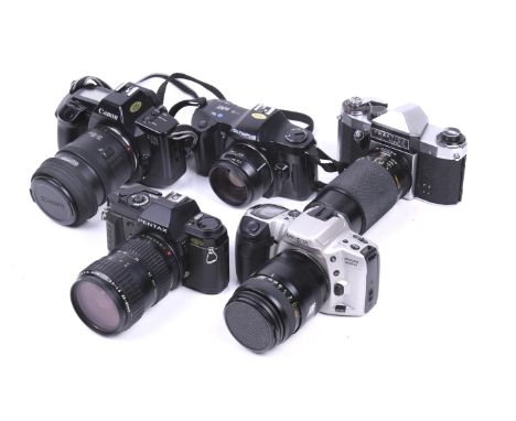 Five 35mm SLR cameras. To include a Canon EOS 650 with a Canon 35-105mm f3.5-4.5 lens, a Minolta Dynax 500si with a Cosina 10