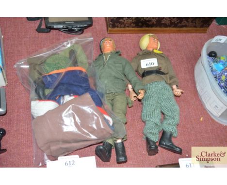 Two vintage Action Men and a bag of accessories 