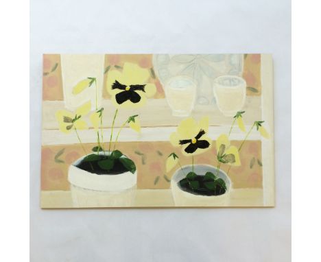 Kate Loveday - Oil on board, "Pansies on a Shelf", unframed, 40 x 61cm