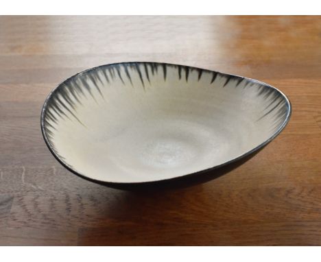 Adrian Bates ceramic bowl, high fired white stoneware ceramic, with ruttle, manganese dioxide and copper carbonate glazes, 18