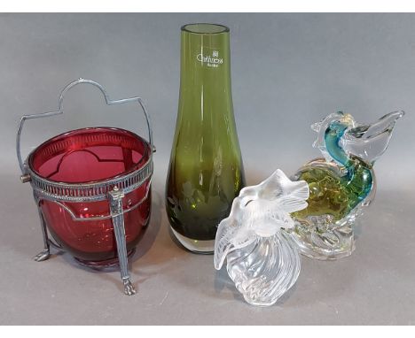 A Lalique glass perfume bottle for Nina Ricci, decorated with doves together with a Murano glass pelican, a Caithness vase an