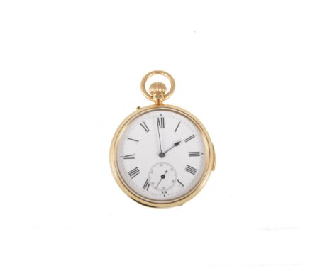 An 18 carat yellow gold quarter repeating open face pocket watch, the white enamel dial having a Roman numeral chapter ring a