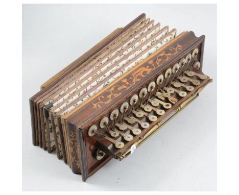 Victorian rosewood and marquetry accordion, 34cm, in a grain and stained pine box.