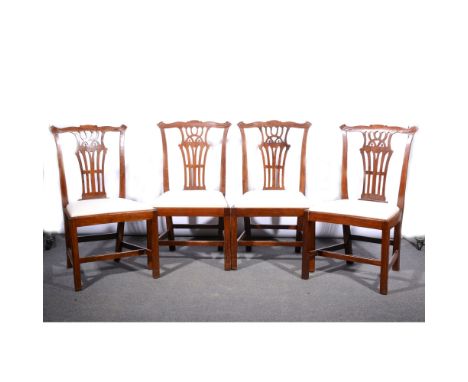 Set of six Chippendale style stained wood dining chairs, pierced vase splats, drop-in seats upholstered in calico, square sup