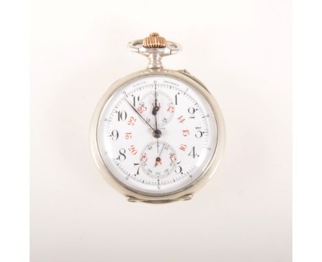 A Longines dual face decimal timer chronograph pocket watch, the white dial having an Arabic numeral chapter ring, centre sto