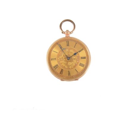 An open face fob watch, gold-coloured dial with floral centre and Roman numeral chapter ring, in a yellow metal engraved and 