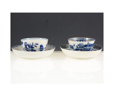 First period Worcester blue and white tea bowl and saucer, floral sprays, damaged; and a Caughley Fisherman pattern tea bowl 