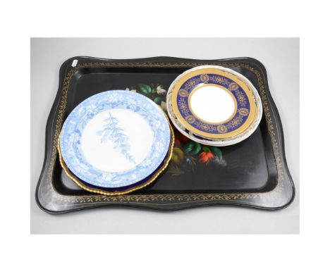 A Russian hand painted tin tray, marked USSR, 58cm x 43cm, decorated with flowers, seven decorative plates - Coalport "Lady A
