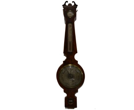 George IV mahogany banjo-shape wall barometer, boxwood and ebony stringing, silvered chart with thermometer over, 98cm.