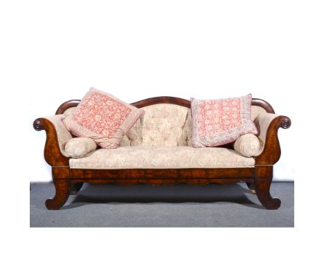 Regency mahogany sofa, machine made tapestry made floral decoration, scrolled ends, shaped apron on scrolled feet, length 201